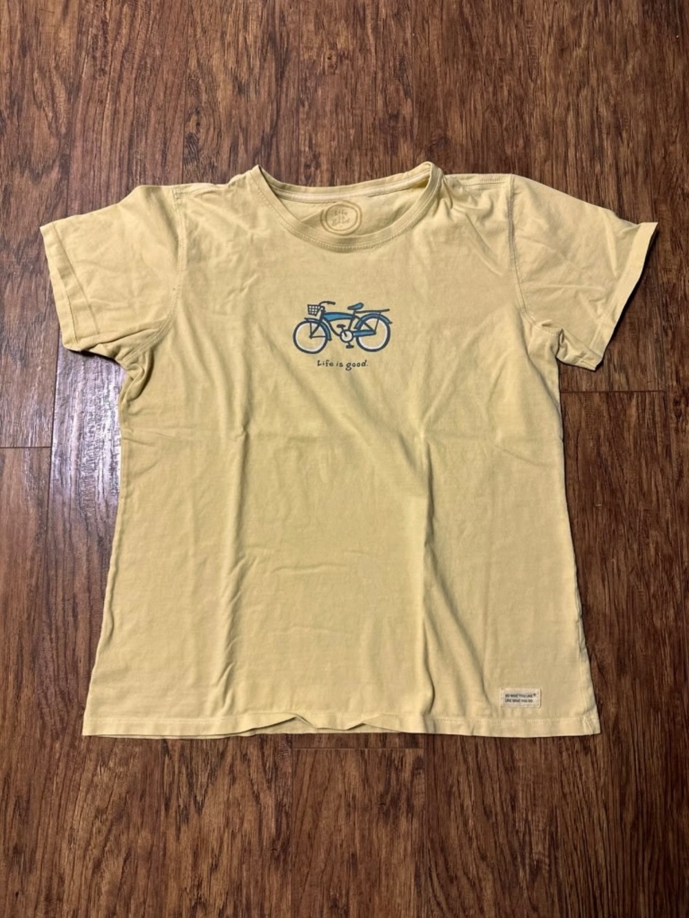Life is Good Women’s Tee Yellow with Blue Bike Size Medium